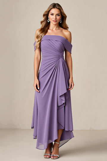 Tahiti Chiffon A Line Ruched Long Mother of the Bride Dress with Ruffles